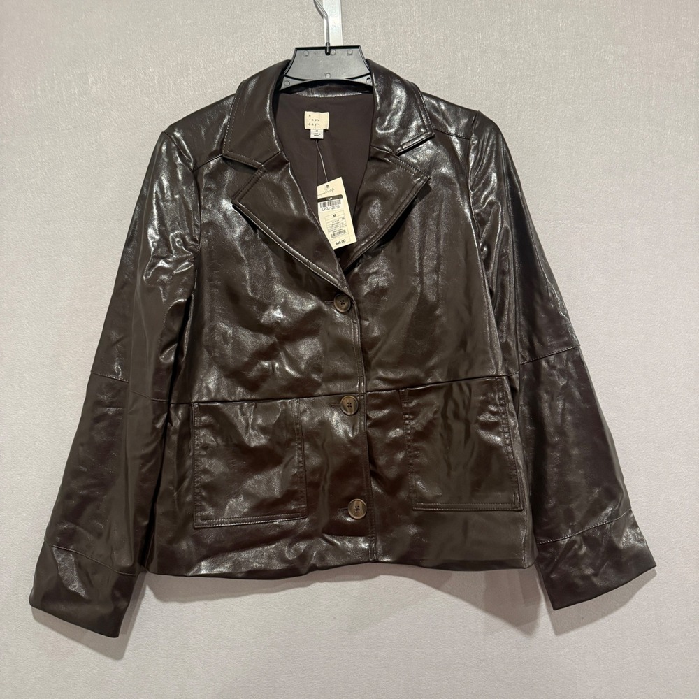 A New Day Womens Brown Faux Leather Blazer Jacket Chocolate Medium NWT
